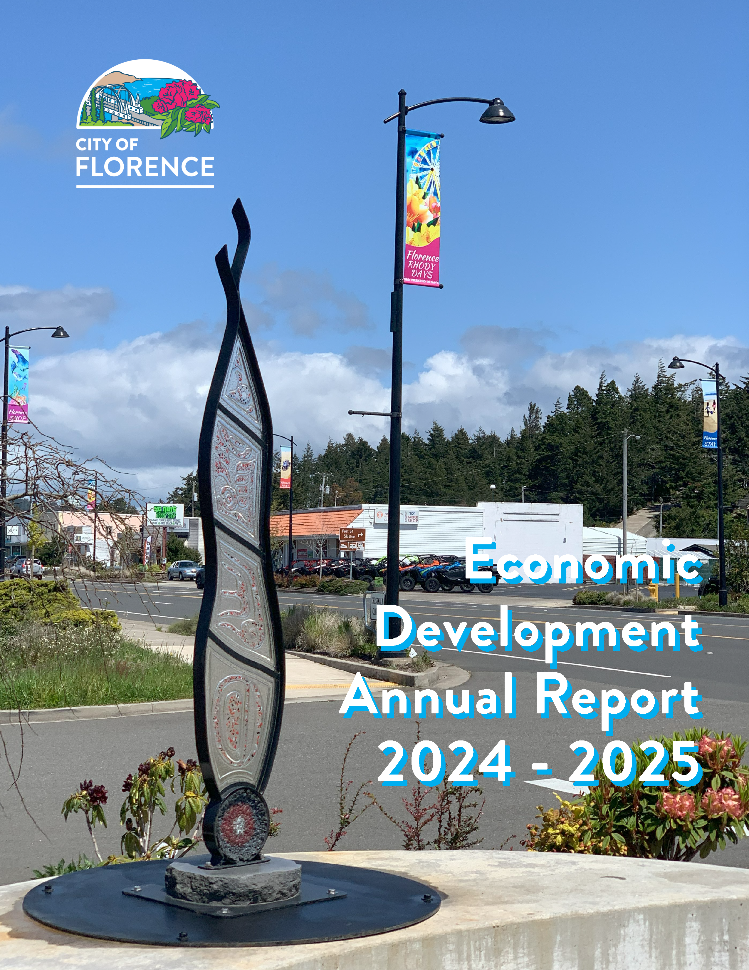 Economic Development Annual Report 2024-2025, with a public art piece prominent on the page