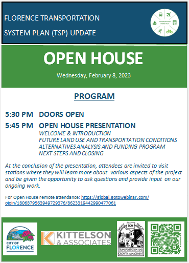 Image of program for upcoming Open House that includes a QR code link, City of Florence Logo, Kittleson & Associates logo.
