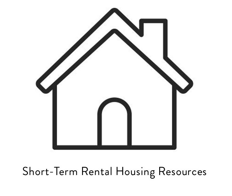 A black and white line drawing of a house with a chimney above the text  "Short-term rental housing resources"