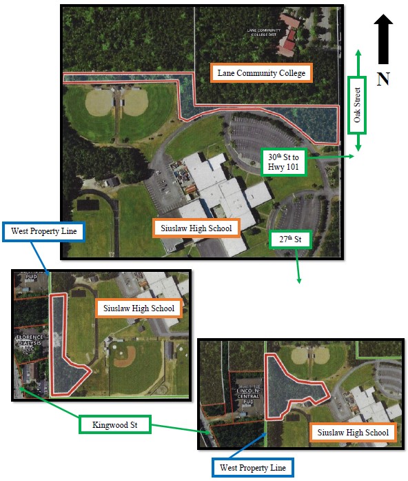 Aerial Images of High School Campus with Areas to be Cleared Highlighted and Labels