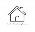 A black and white line drawing of a house with a chimney above the text  "Short-term rental housing resources"