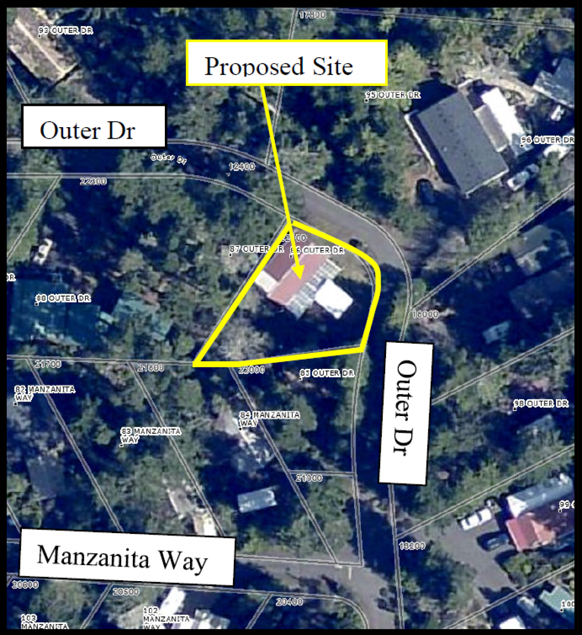 PC 22 24 VAR 01 Aerial Property Image PC 22 24 VAR 01 Aerial image of the property bordered in yellow with street labels